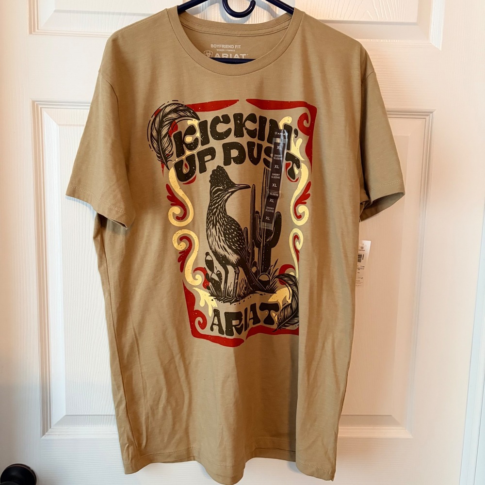 Ariat‎ Womens Kickin Up Dust Graphic T-Shirt Sand Tan XL Roadrunner Cactus New